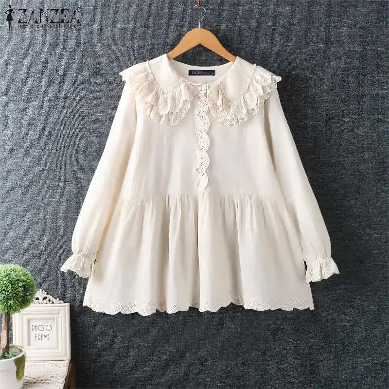 ZANZEA Women Shirts Sweety Doll Collar Tunics Leisure Long Flare Sleeve Button Tops Holiday Lace Crochet Patchwork Solid Blouse