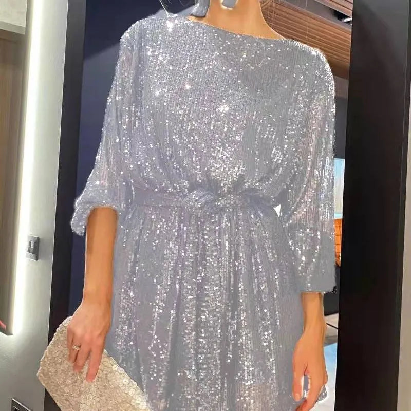Sparkly Puff Long Sleeve Party Dress with Belt for Women Glitter Beaded Mini Dress Loose Wedding Bridesmaid Ladies Short Dresses