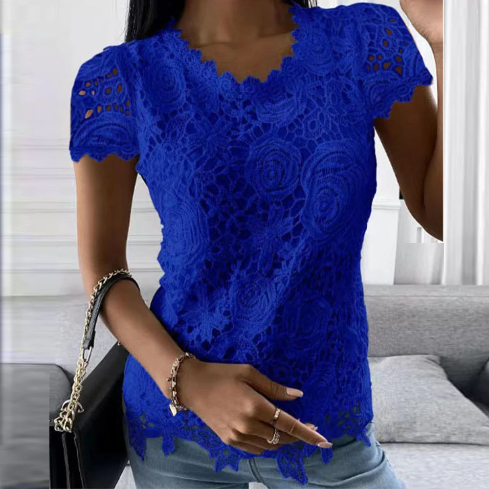 Womens Lace Round Neck Tops T-Shirts Ladies Summer Casual Short Sleeve Blouse Pullover Fashion Clothing For