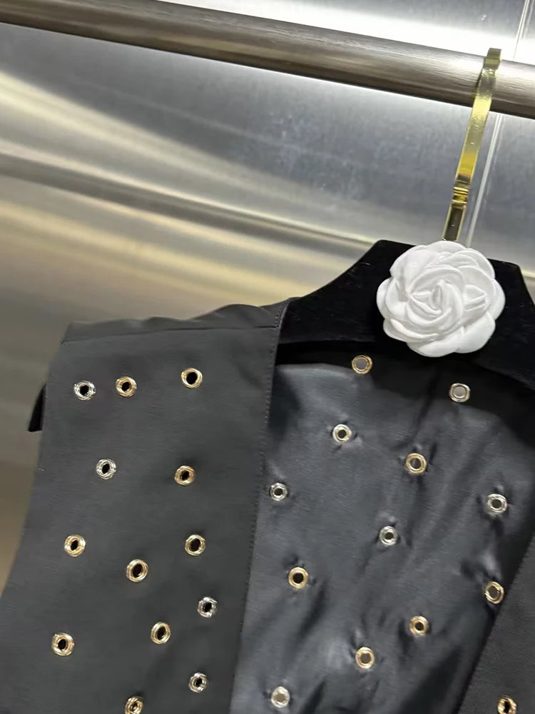 VGH Hollow Out Patchwork Rivets Waistcoats For Women V Neck Sleeveless Spliced Belt Slimming Short Waistcoat Female Fashion New