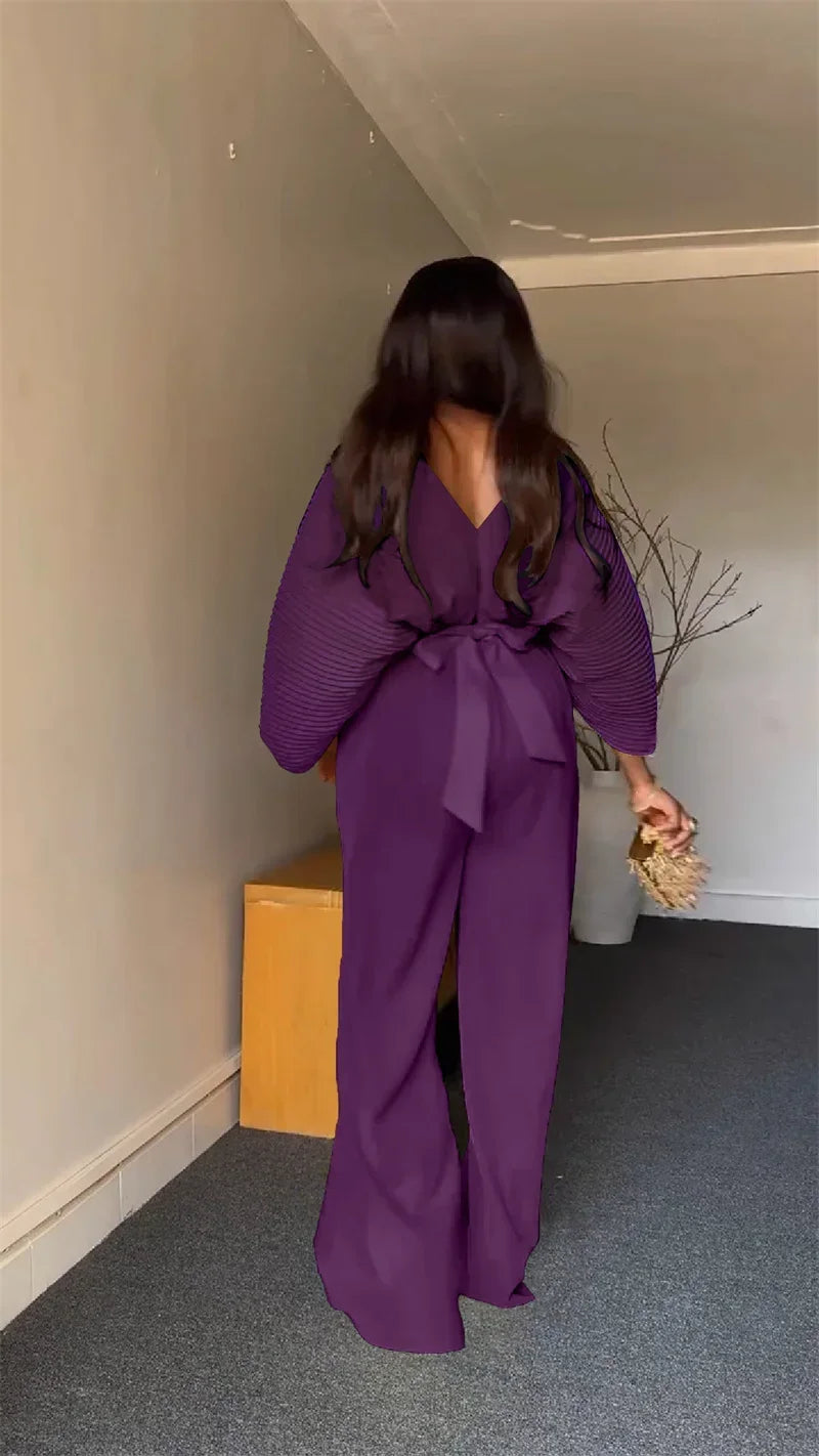 Pleated Blouse V Neck Full Sleeve and Wide Leg Pants Women Loose 2 Pieces Sets Elegant Office Ladies African Outfits 2025