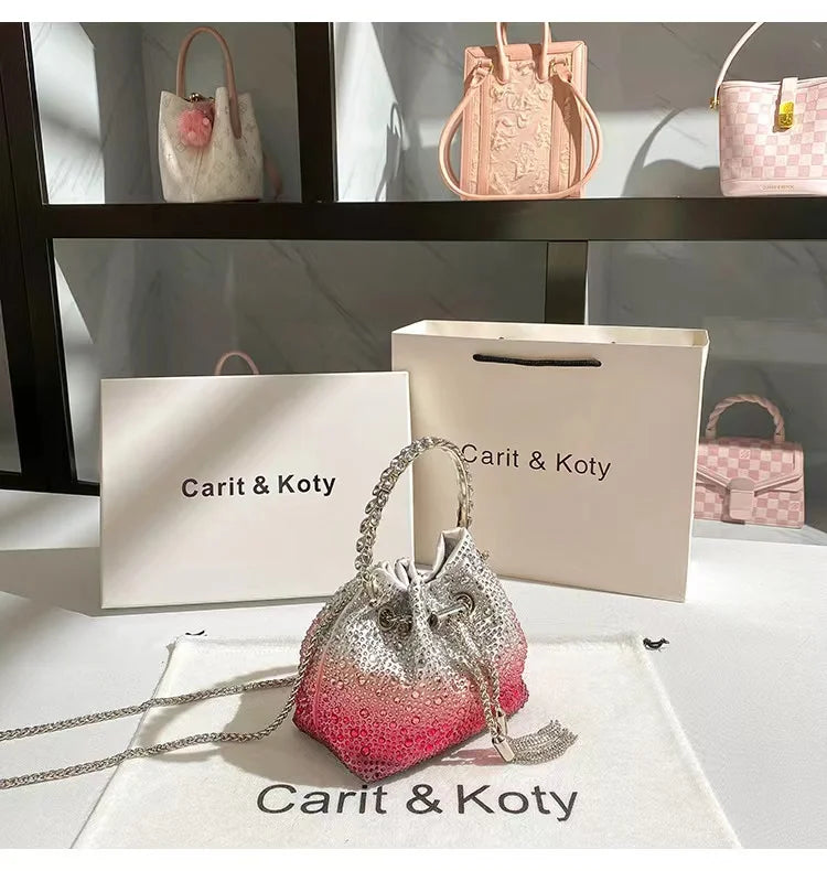 Crystal Shiny Diamonds Bucket Bag Fashion Women Handbag Metal Ring Handle Evening Bag Wedding Party Clutch Purse Crossbody Bag