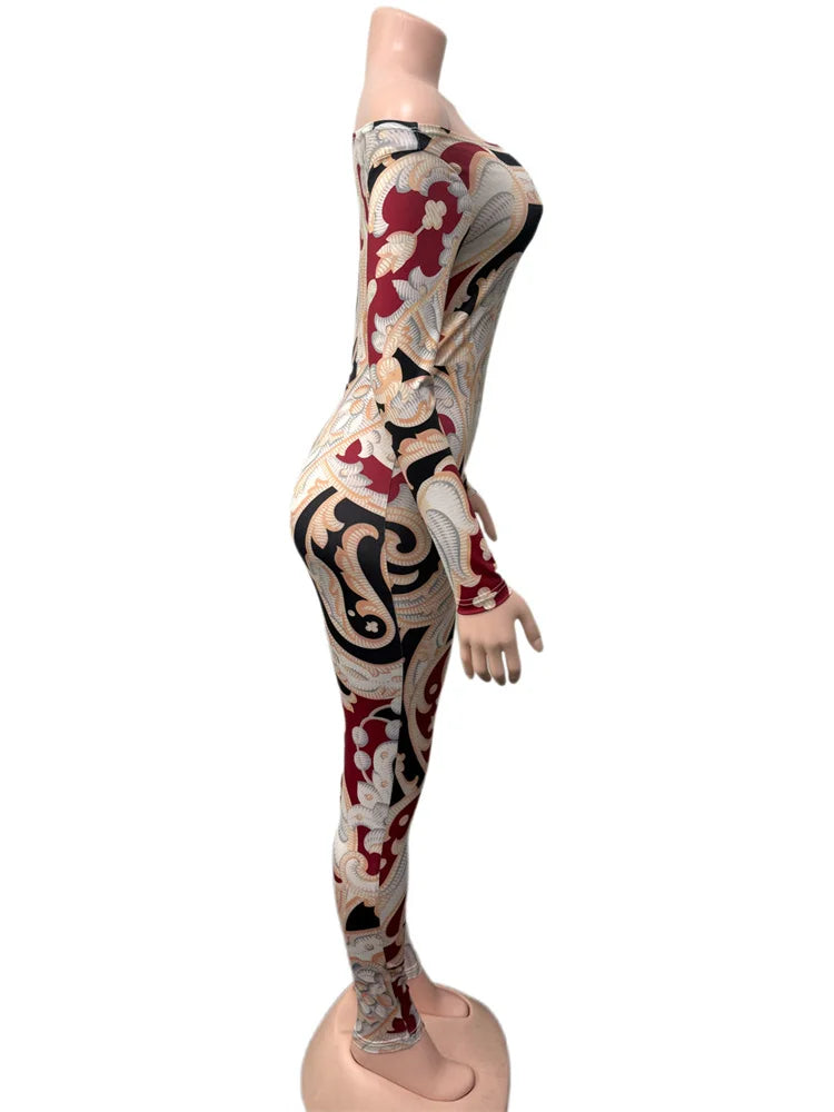 Weird Puss Slash Neck Jumpsuit Women Hipster Colorful Print Full Sleeve Stretch Skinny Fitness Activity Workout Slim Streetwear