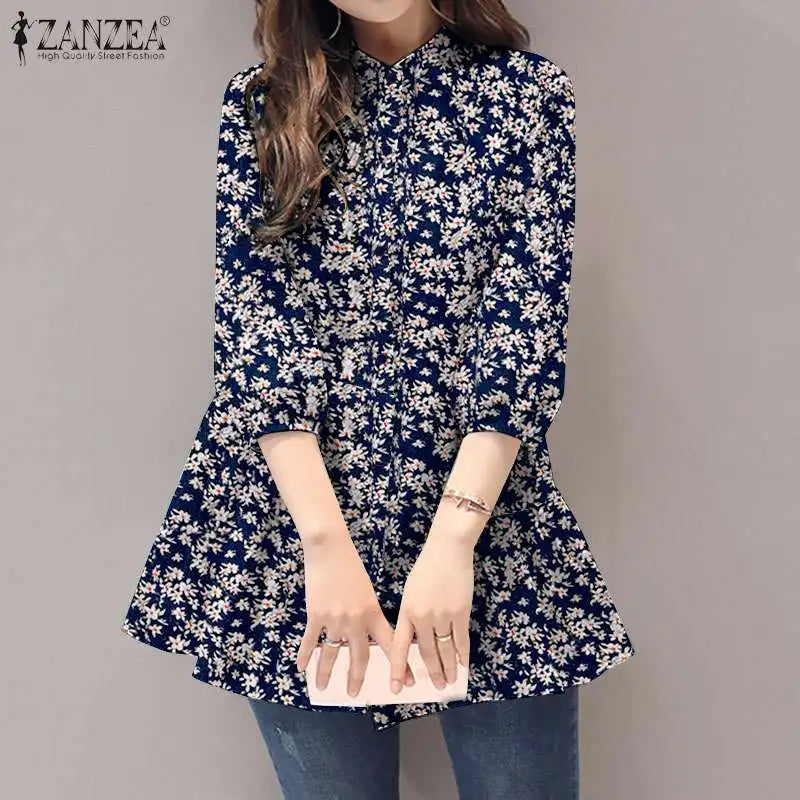 ZANZEA 2024 Summer Shirt Women Floral Prined Bohemian Stand Collar 3/4 Sleeve Casual Vintage Elegant Blusas Loose Tunic Tops
