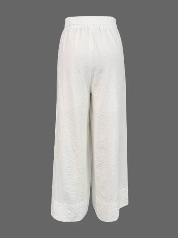 Beautyblue Casual Daily Pants Women Loose Wide Leg Pants 2025 Summer Solid Color Vacation High Waisted Elasticity White Trousers