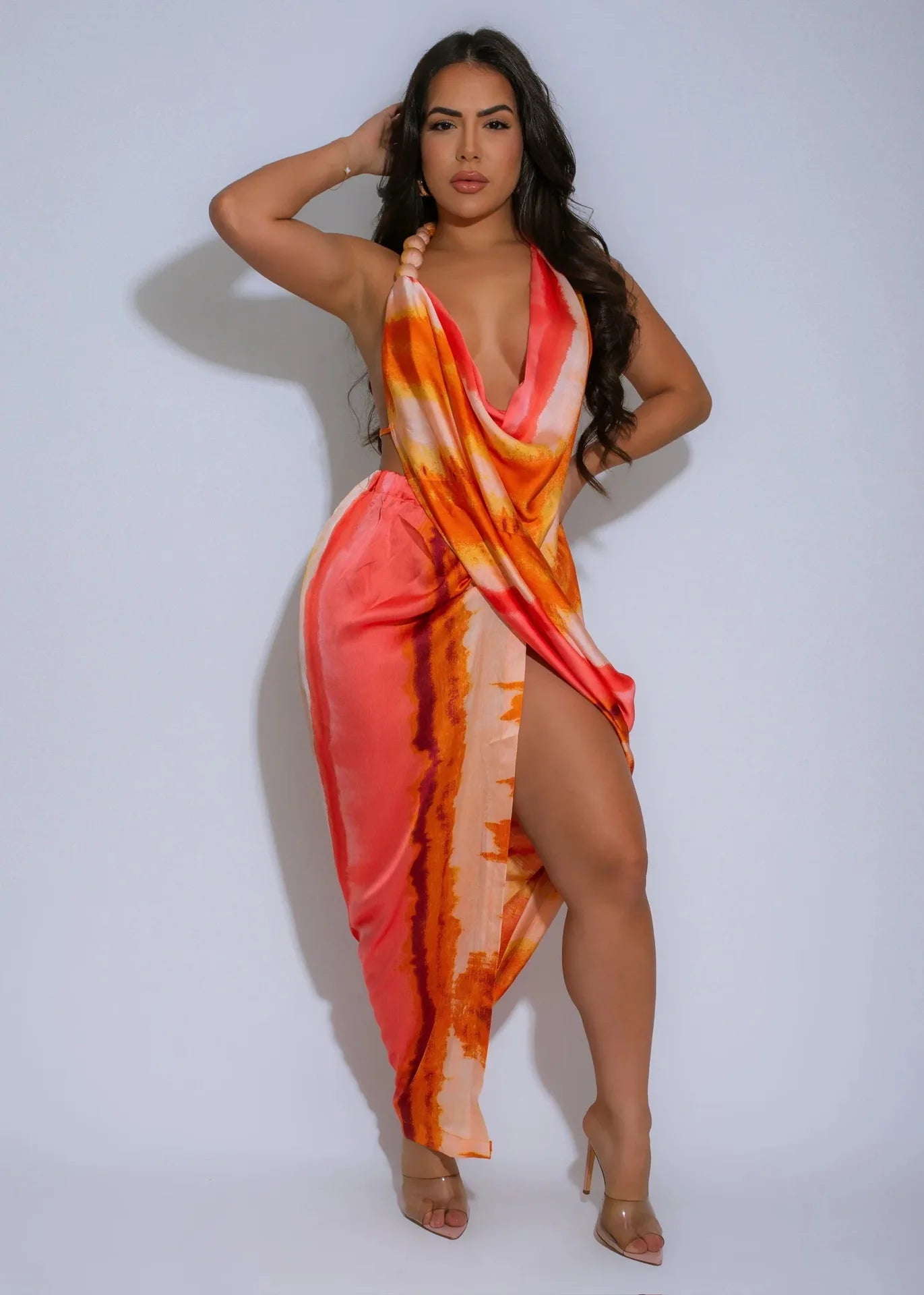 CM.YAYA Women Tie Dye Printed Sleeveless Halter Neck High Side Split Maxi Dress Summer Evening Sexy Night Party Dresses Vestidos