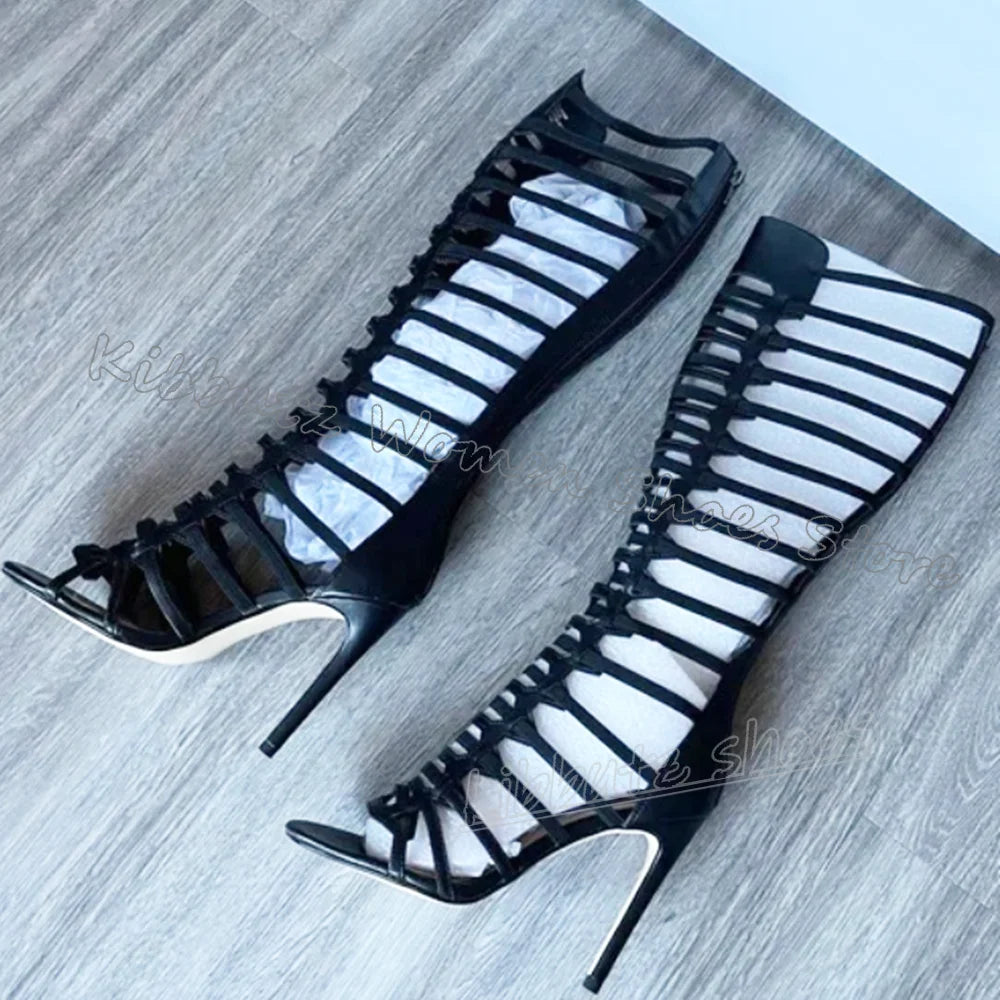 Cross Strap Sandals Knee High Solid Color Round Toe Thin Heels Back Zipper Fashion Luxury Elegant Concise Sexy Women Shoes New