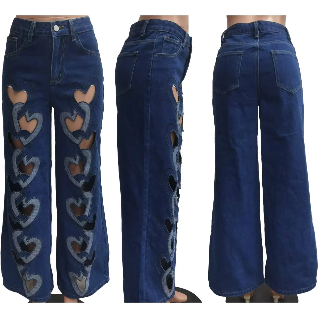 CM.YAYA Women Vintage Cutout Love Hollow Out Cross Straight Denim Pants 2025 Fall Fashion INS High Waist Wide Leg Jeans Trousers