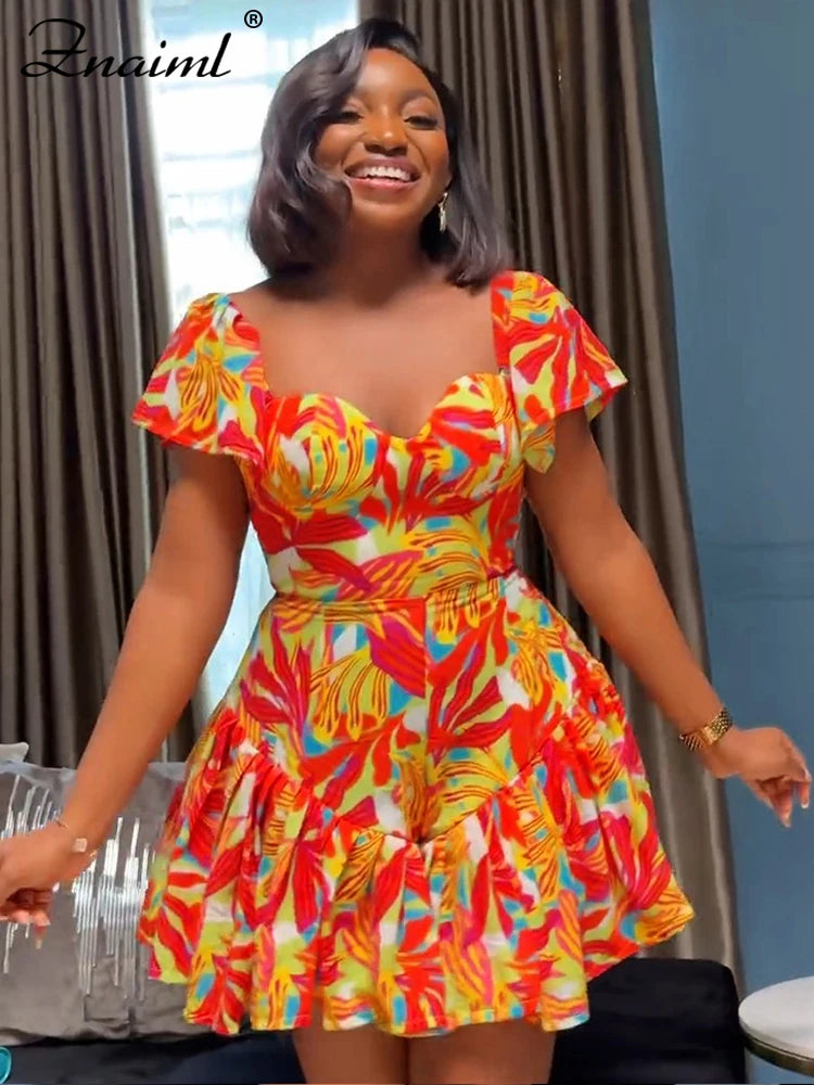Znaiml Fashion Summer Playsuit Low Cut Short Sleeve Pleated Ruffles Printing Playsuit Women Boho African Orange Short Jumpsuit