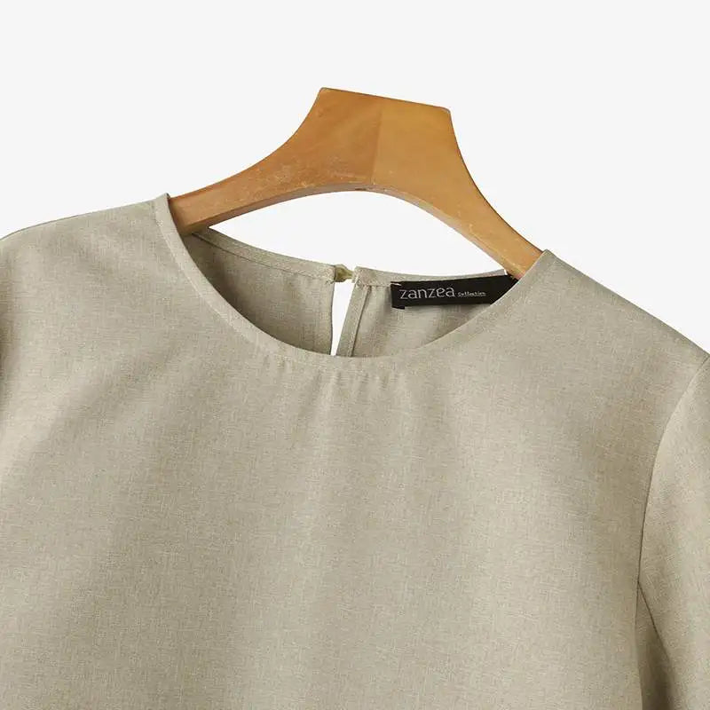 ZANZEA Fashion 3/4 Sleeve Crewneck Blusas Women Solid Blouse Casual Loose Split Cuff Tops 2024 Summer Korean Holiday Tunics
