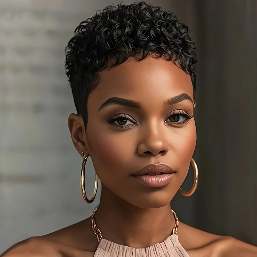 short afro curly human hair wig 150% density remy hair machine made pixie cut short curly human hair wig 4inch black color