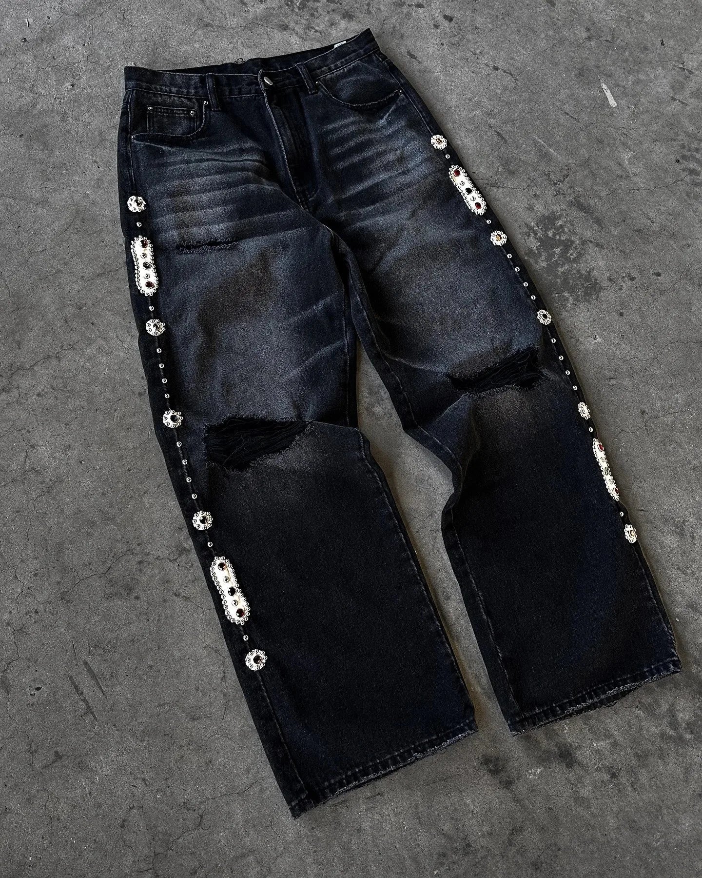 Y2k 2000s Statue of Liberty Klein Stone Jeans Pocket Hip Hop Pattern Embroidery Denim Pants High Waist Straight Wide Leg Jeans