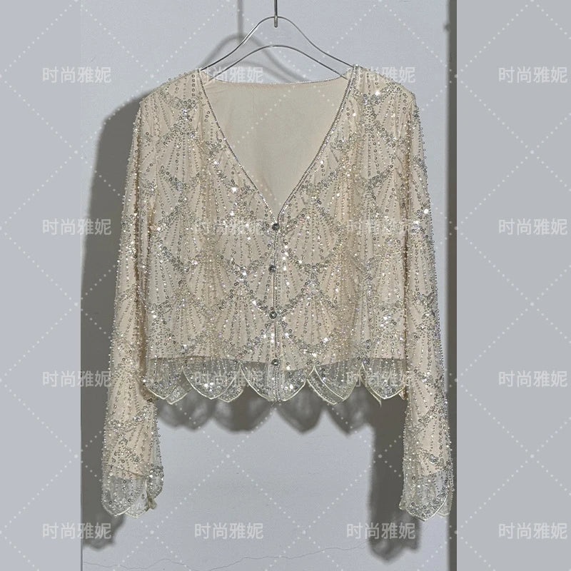 Fashion New Fashion Long-sleeved Sequined Pearl Bead Cardigan Women's Top High-waisted Skirt 2-piece 2025 Spring New Skirt Sets