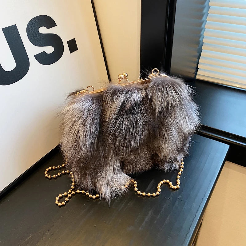 Luxurious Fox Fur Evening Clutch with Chain for Women