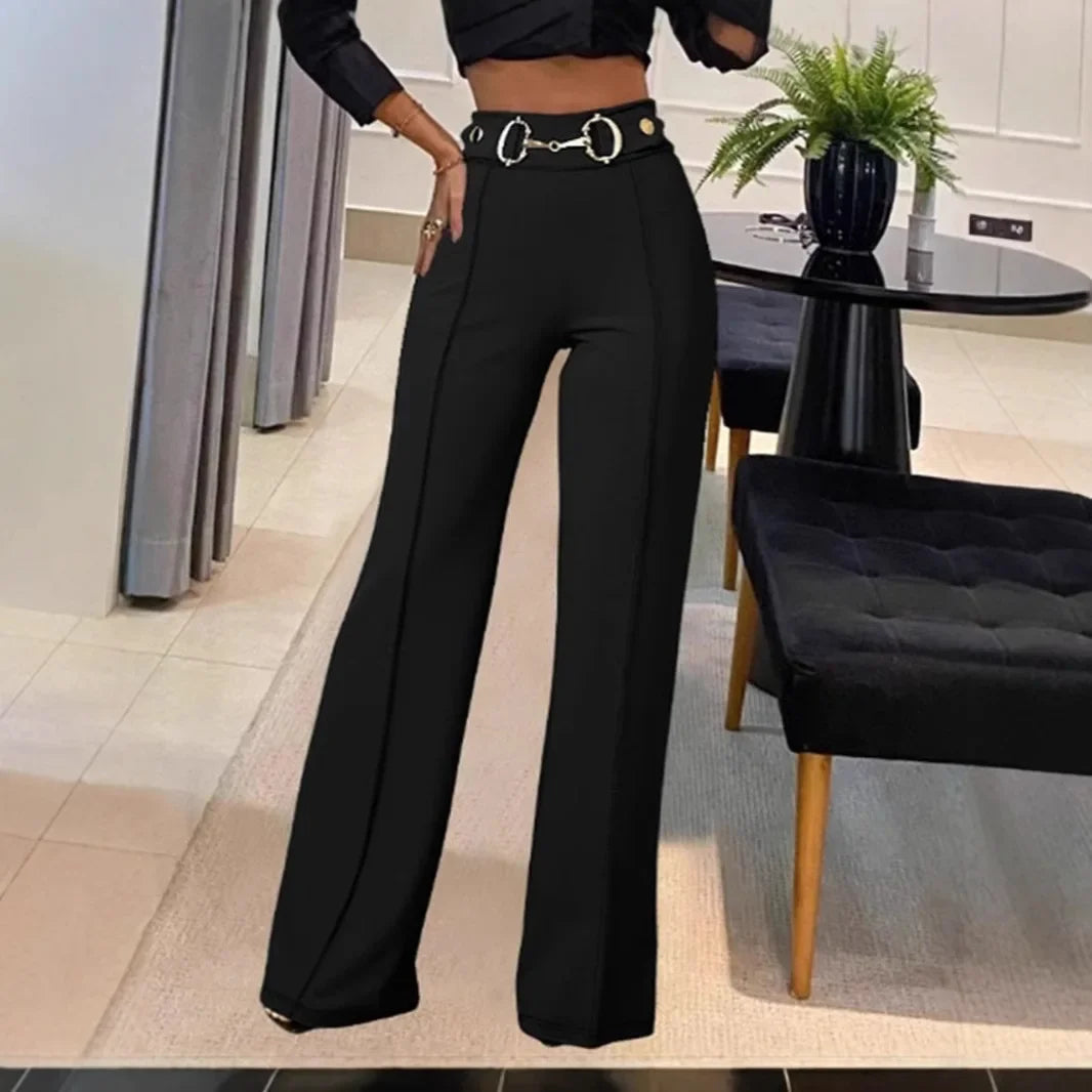 Fashionable High-Waisted Metal Buckle Decorated Solid Color Women's Straight-Leg Trousers New Style Independent Station Clothing
