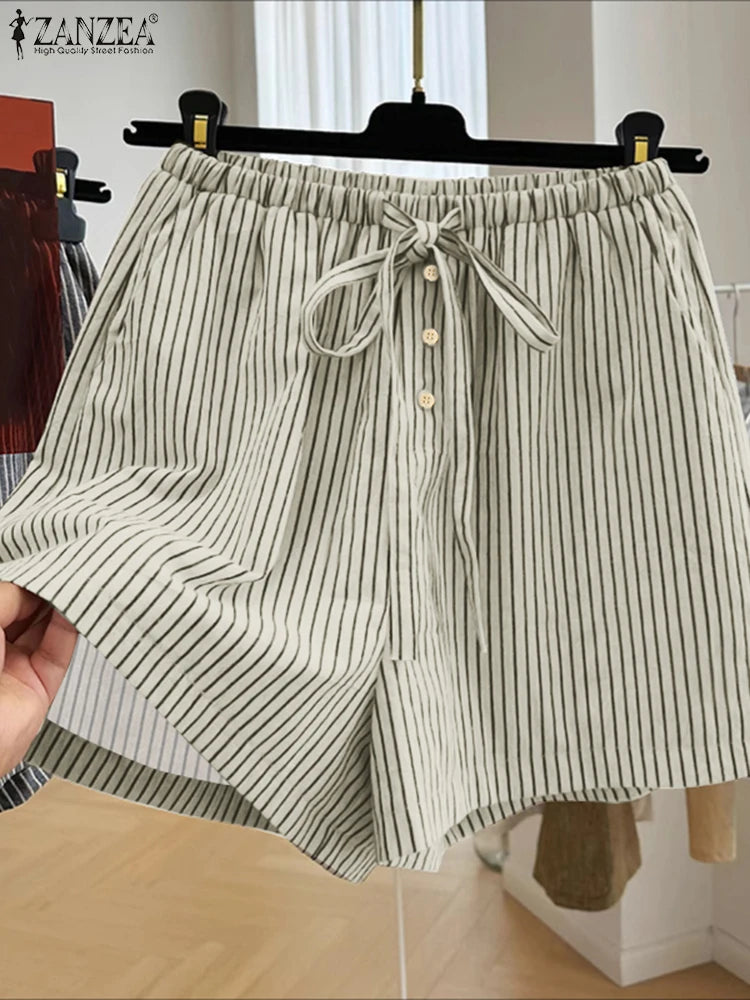 ZANZEA Woman Fashion Striped Shorts 2025 Summer Lightweight Elastic Waist Lace-Up Short Trousers Casual Loose Day Wear Bottoms