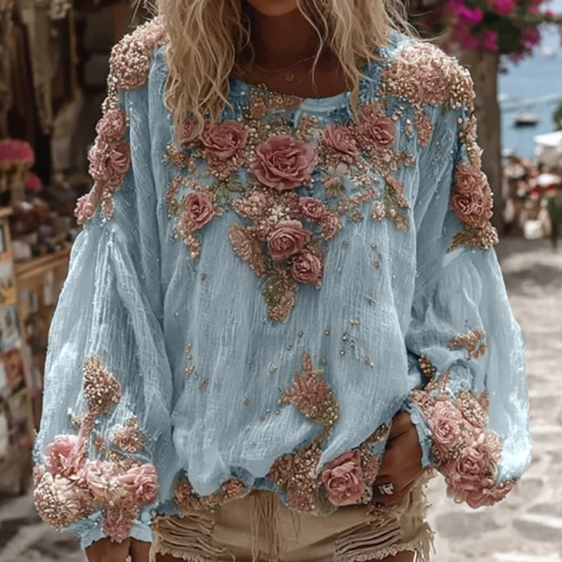 Flower Print Long Sleeved Breathable Autumn Shirts Female O Neck Loose Bohemian T-shirts 2025 Casual Holiday Beach Top Blouses