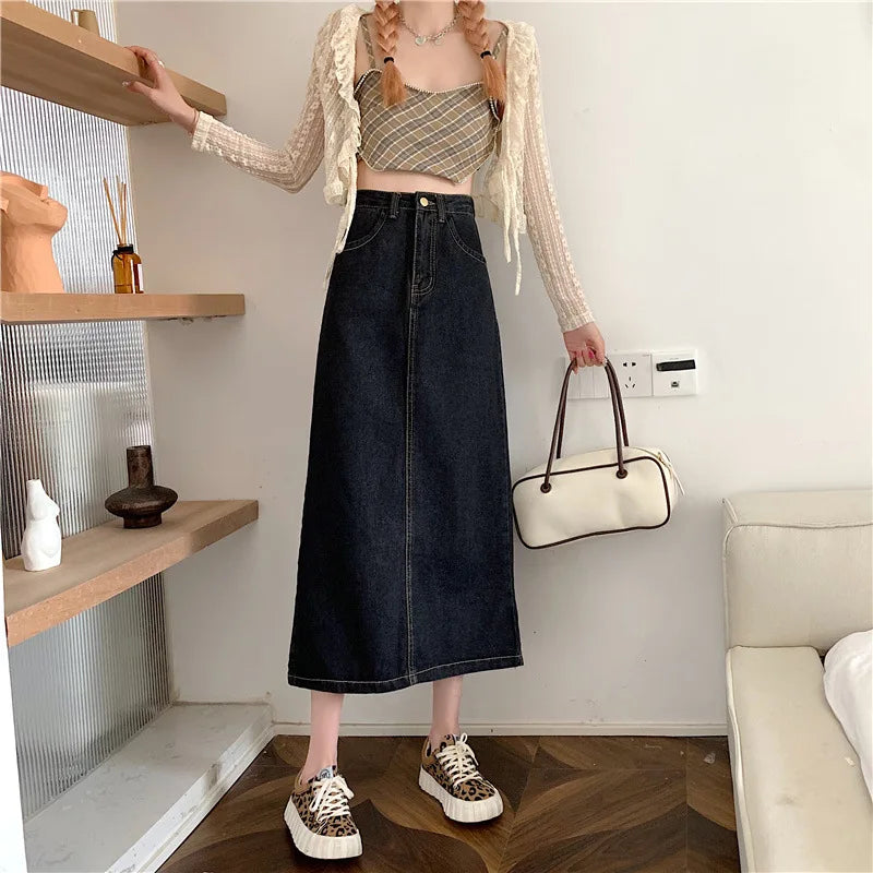 New 2022 Spring-Autumn Medium-Length Denim Skirt For Women High-Waisted Slimming Plus Size Curvy Girls A- Line Hip Covering Skir