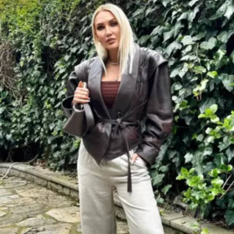 Women Leather Bomber Jackets Coats With Belt Notched Shoulder Pads Motorcycle Street Chic Short Outwear Fashion Solid Lace Up