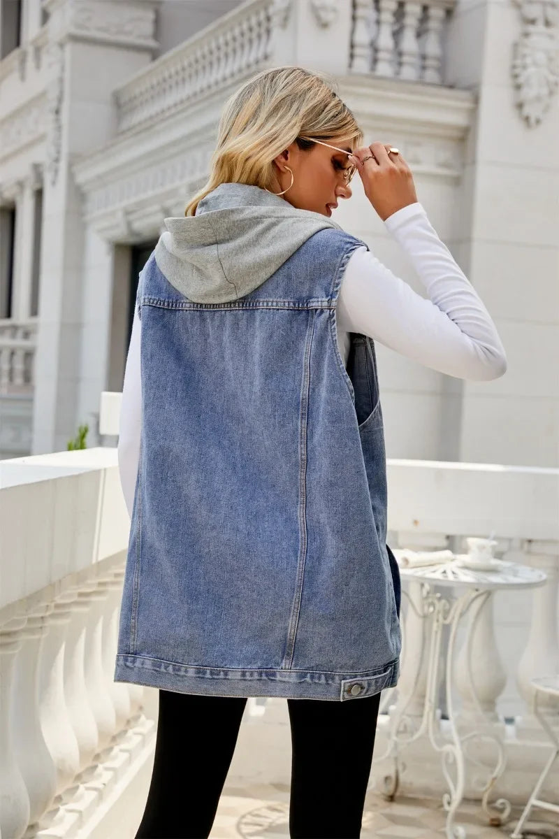 Women Autumn Winter Sleeveless Hooded Denim Jacket Vest Single Breasted Ripped Pockets Fashion Loose Cardigan Jackets