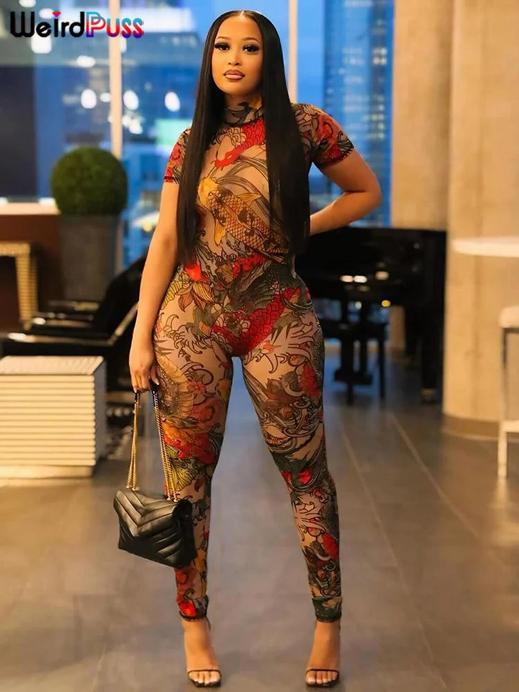 Weird Puss Serpentine Jumpsuit Women See Through Backless Short Sleeve Sexy Fit Summer Workout Overalls Stretch Button Clubwear