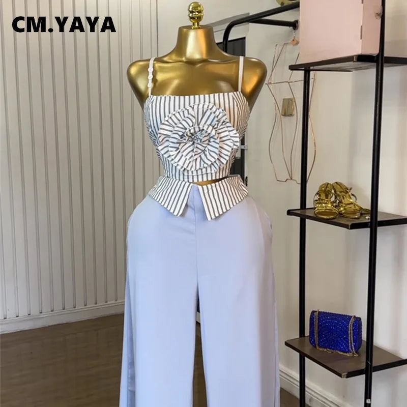 CM.YAYA Fashion Women's Set Striped Strap Floral Applique Crop Top and Wide Leg Pants Suit 2025 Two 2Piece Sets Outfit Tracksuit