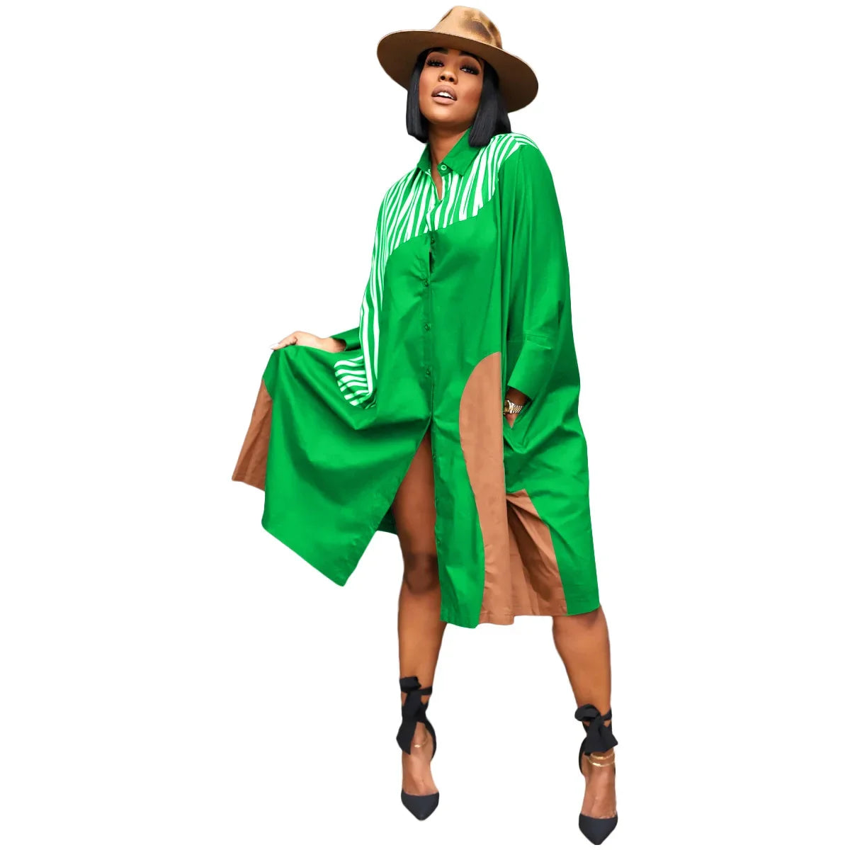 CM.YAYA Elegant Patchwork Women Long Sleeve Single Breasted Loose Shirt Dress Street Fashion Slim Striped Smock INS Dresses