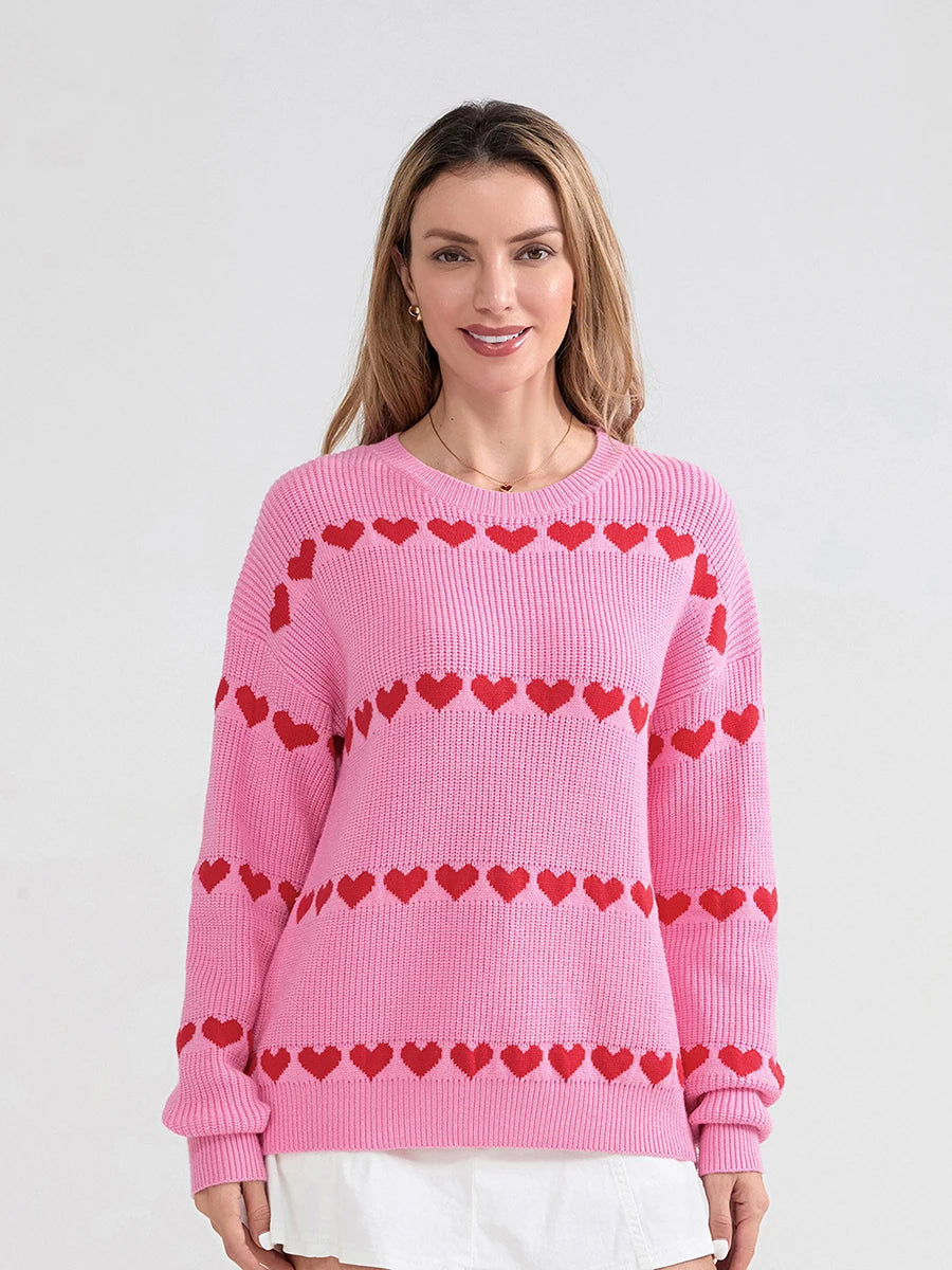 Women Valentine's Day Knit Sweater Heart Print Long Sleeve Round Neck Pullovers Fall Winter Casual Loose Knitted Jumpers Tops
