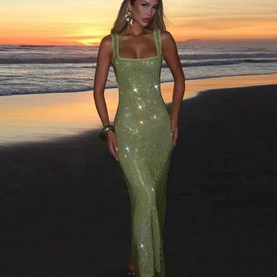 Giyu Sexy Sequined Mesh Diamond Club Evening Party Dresses Women 2025 Summer Autumn Sleeveless Backless Bodycon Maxi Long Dress