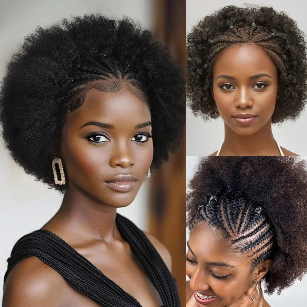 Afro Puff 13x4 Lace Frontal Human Hair With Pre Made Cornrow Braided Kinky Curly Wig With Baby HairHair Wig for Woman