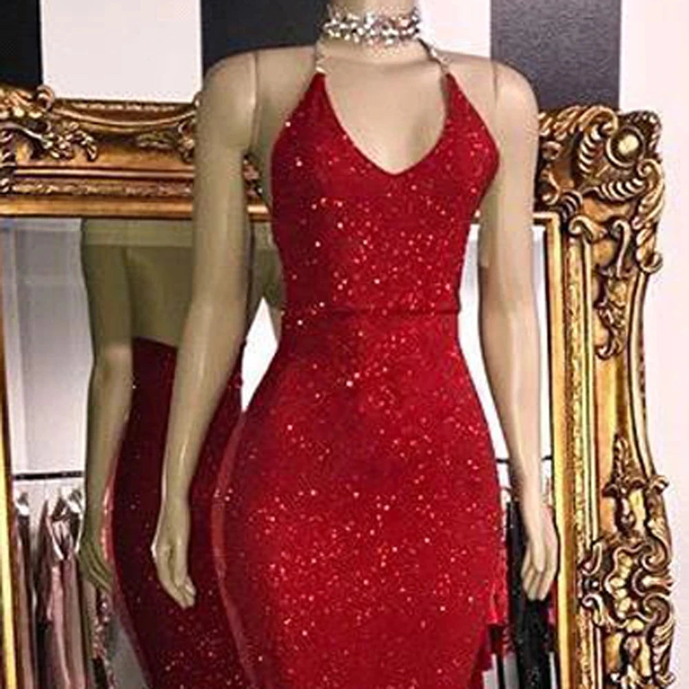 Customized Backless Halter Sparkly Sequined Evening Dresses For Women Mermaid Robe De Soiree Prom Gown Wedding Party Vestidos