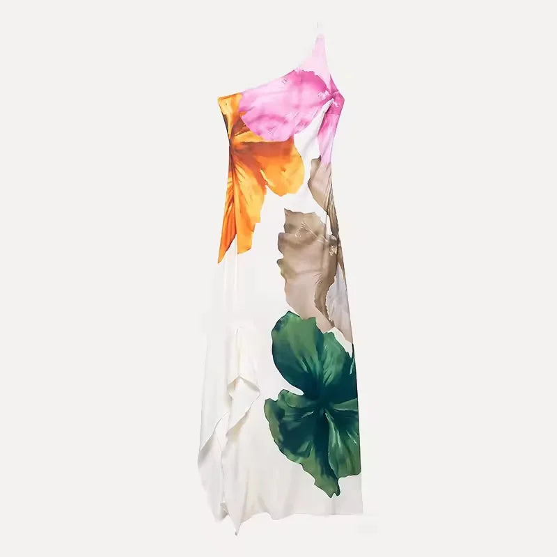 Flower Print Slanted Shoulder Dress Vintage Backless Sleeveless Skinny Irregular Robe For Women 2025 Summer Lady Beach Vestido
