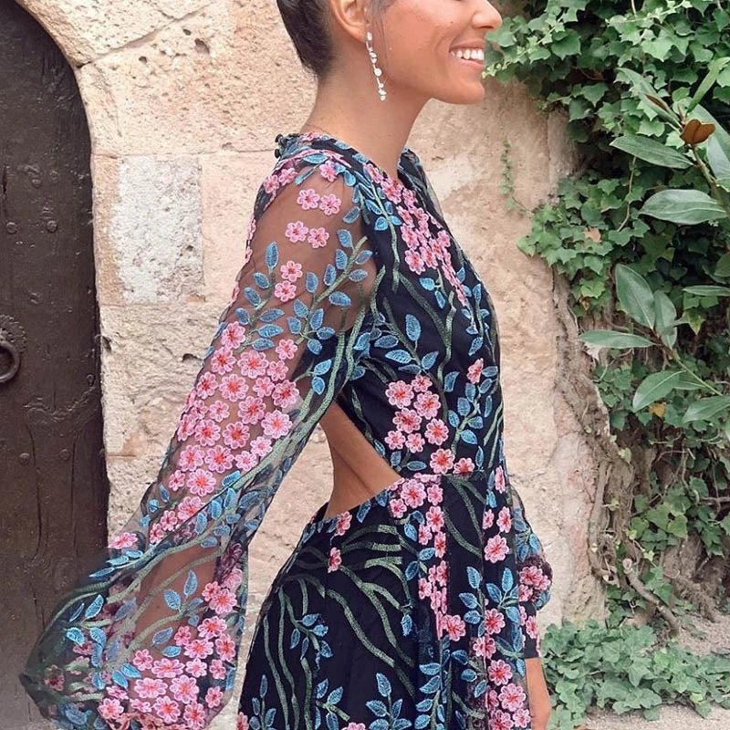 Sexy Backless Bohemian Evening Dress Spring Mesh Long Sleeve Party Dresses Vintage Chic Women O Neck Floral Print Dress Vestidos