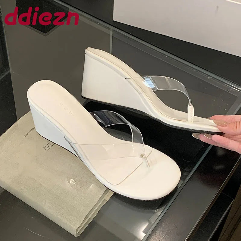 Fashion Transparent Women Wedges Slippers Shoes Female Flip flops Sandals Slides Round Toe Ladies Wedges Slippers Shoes Pumps
