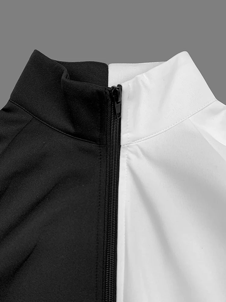 Women Fashion Patchwork Stand Collar Jackets 2025 New Spring Autumn Puff Sleeves Loose Fit Casual Korean Style Outerwears