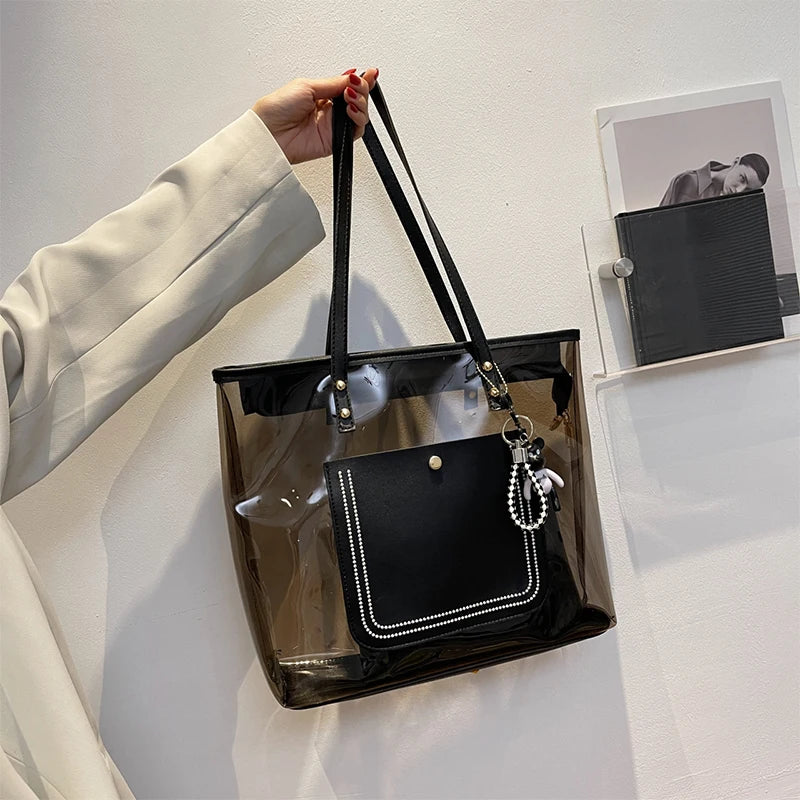 Transparent Jelly Zipper Tote Bag Large Capacity High-quality Texture Handbag Fashionable Luxury Ladies Commuter Shoulder Bag