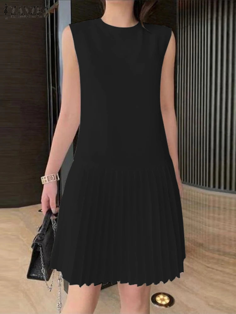 ZANZEA Summer Women Sleeveless Mini Dress 2024 Elegant Party Tank Vestidos Ladies Casual Solid Color Pleated Short Sundress