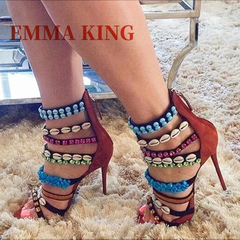 Crystal Shell Decor Stiletto Sandals for Women Party Footwear