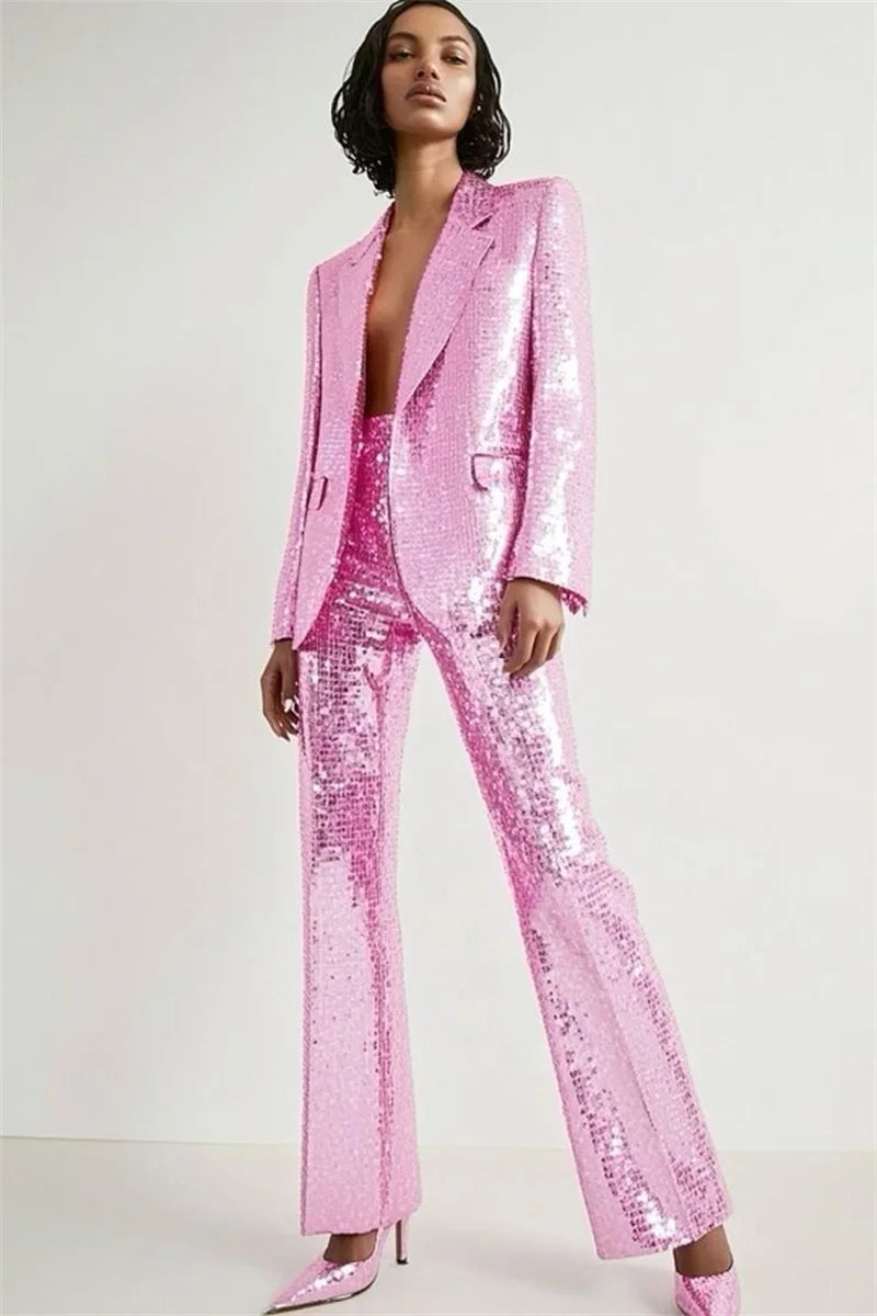 Elegant Glitter Sequins Two Piece Suit Set for Women
