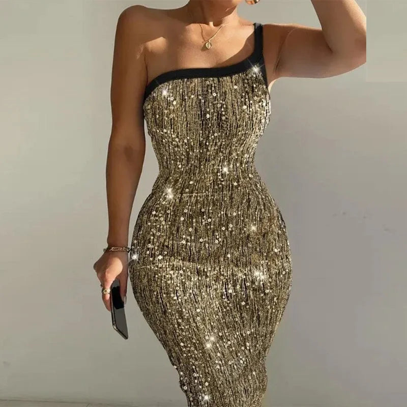 Sexy Dress for Women Fashion New Retro Bead Single Shoulder Sleeve Strap Backless Elastic Party Long Evening Dresses 2025 Summer