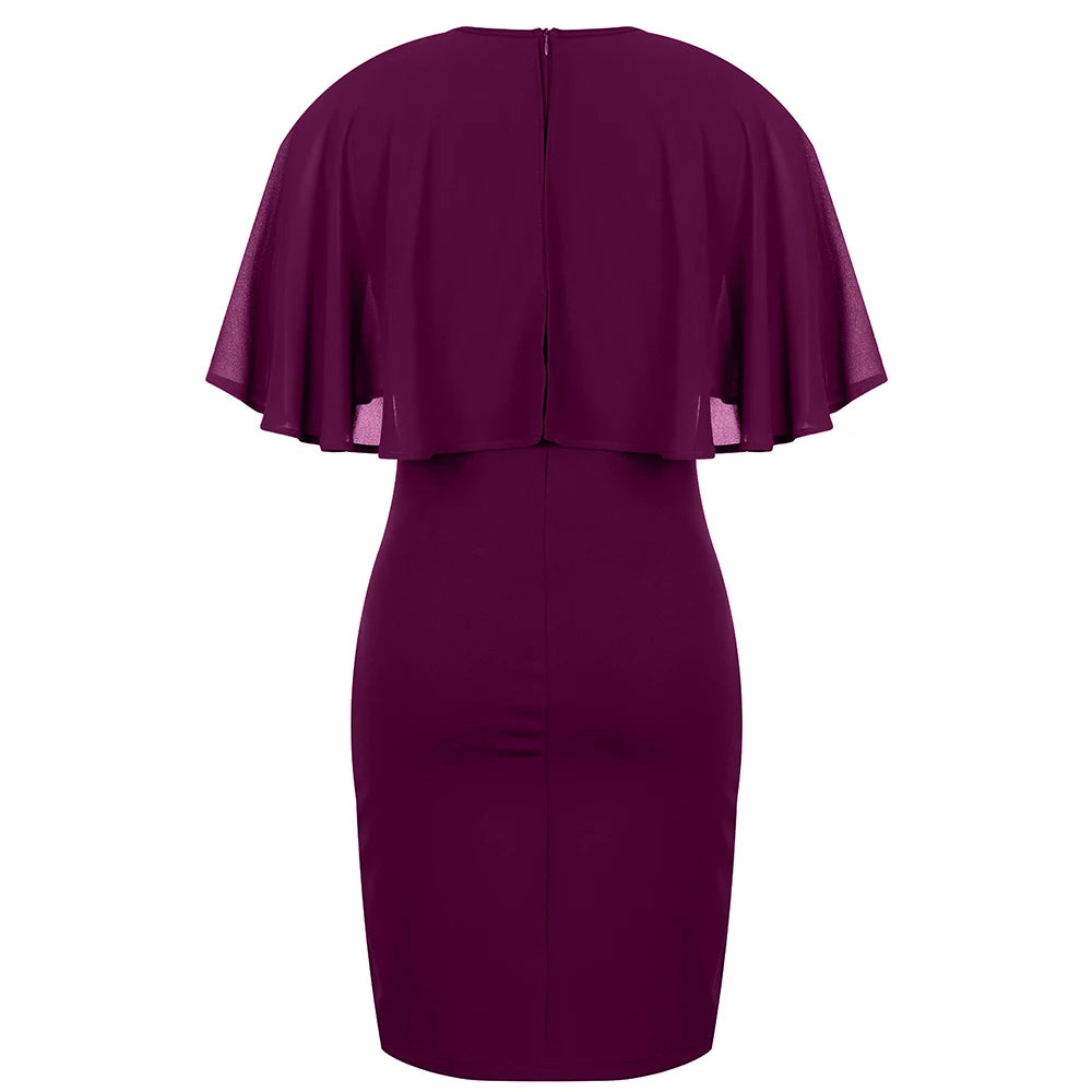 Womens Elegant Solid Ruffle Chiffon Cloak Sleeve Bodycon Knee Length Dress Ladies Evening Banquet Party Cocktail Ball Gown S-2XL