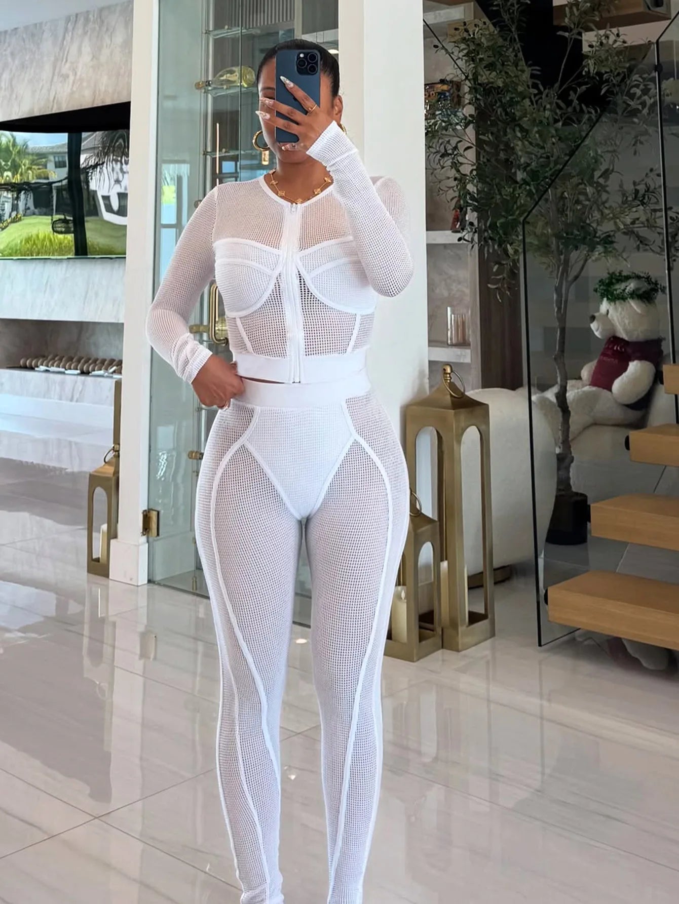 FAGADOER Sexy Hollow Out Bodycon 2 Pieces Set for Woman Mesh See Through Long Sleeves Tops + Leggings Matching Female Streetwear