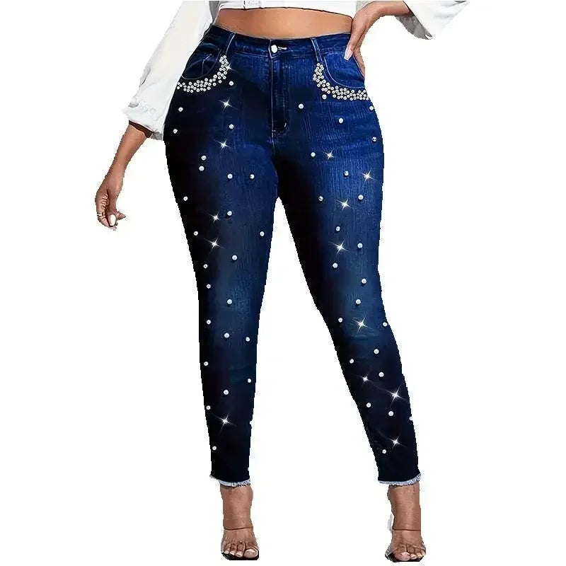 Mid-waist fashionable sequin and diamond embroidered with deep blue denim pencil pants, ladies' skinny jeans, suitable for all s