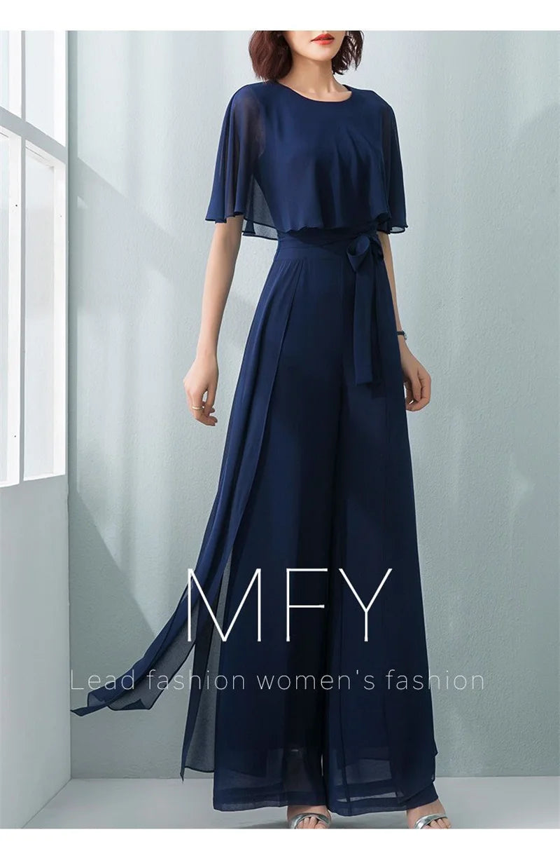 Lotus Leaf Sleeve Jumpsuit Women's Summer Long 2023 New Chiffon Jumpsuit Wide Leg Set Temperament Jumpsuit Female Bodysuit Blue
