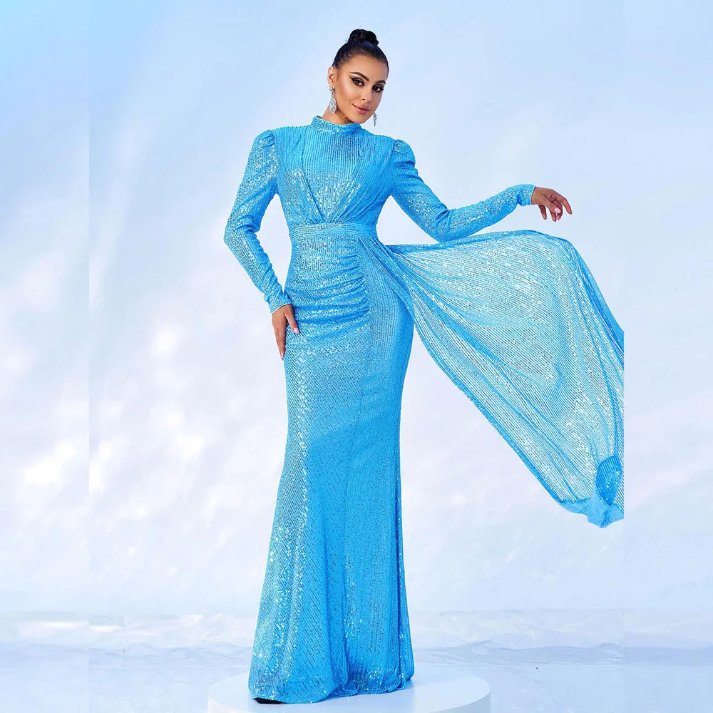 Elegant Sequined O-Neck Long Sleeve Floor Length Dress For Women