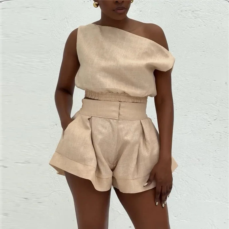 Joskaa Casual 2 Piece Sets Women Off Shoulder Sleeveless Shirt Tops and High Waist Wide Leg Shorts Matching 2025 Streetwear