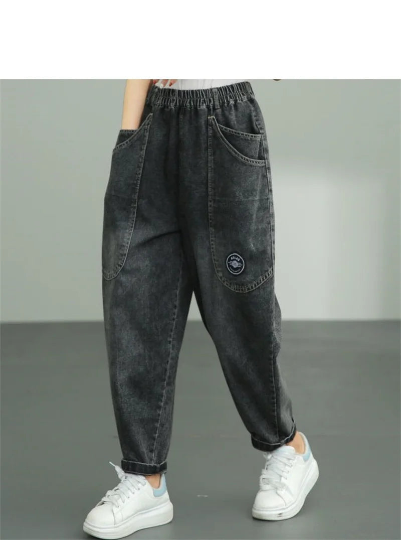 Women Loose Denim Tight Harem Pants 2024Summer Female Fashion Big Pocket BF Wind Elastic High Waist Ankle Jeans Female Trend B98