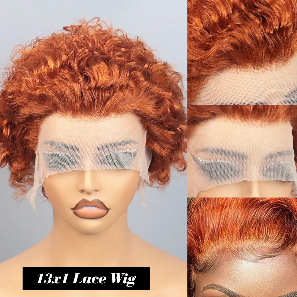 Ginger Pixie Cut Wigs Human Hair Short Curly Lace Front Human Hair Wigs Colored Water Wave Bob Wig 13x1 Transparent Lace Wigs