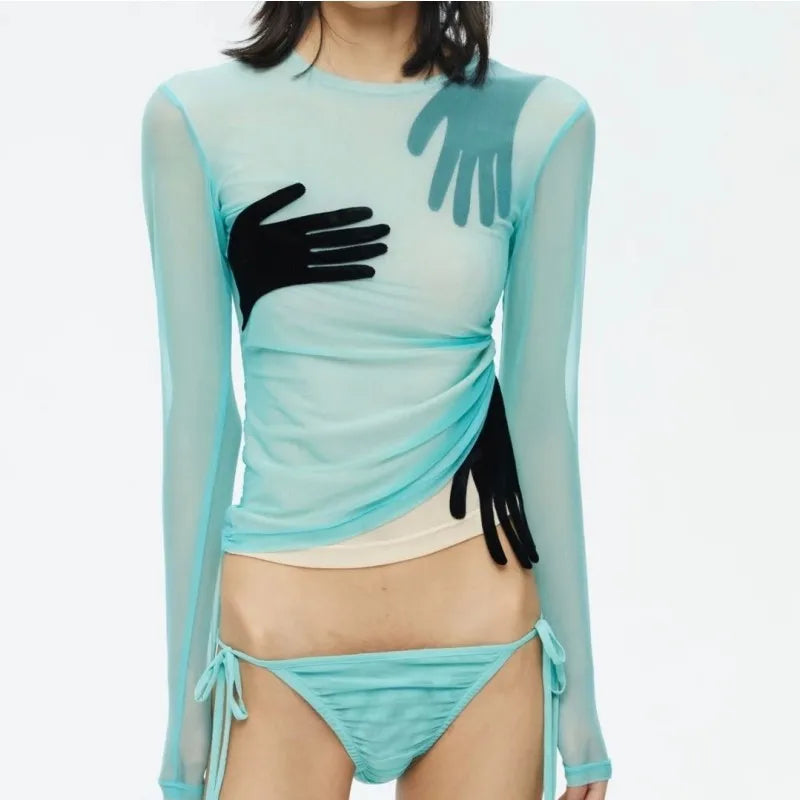 Velvet Patchwork See Through Mesh Long Sleeve Top for Women