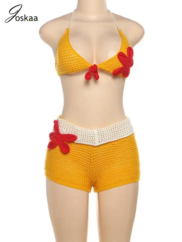 Joskaa 3D Flower Knit Beach Style 2 Piece Sets Women Sexy Halter Bra and Patchwork Shorts Matching 2025 Summer Holiday Outfits